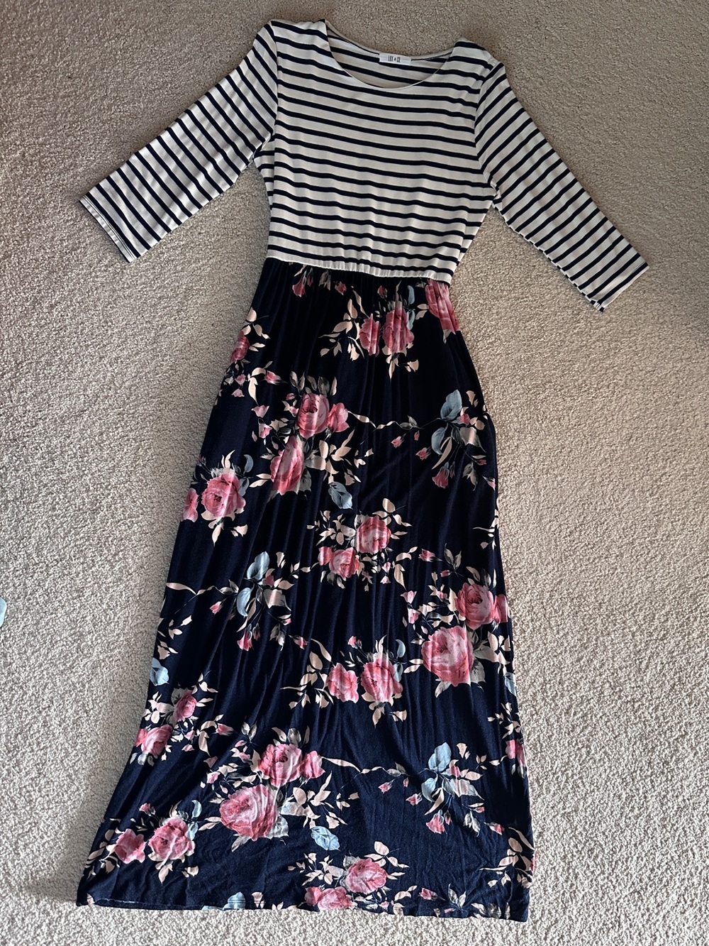 Lux & Co Striped Top Floral Maxi Dress - Black, White & Pink